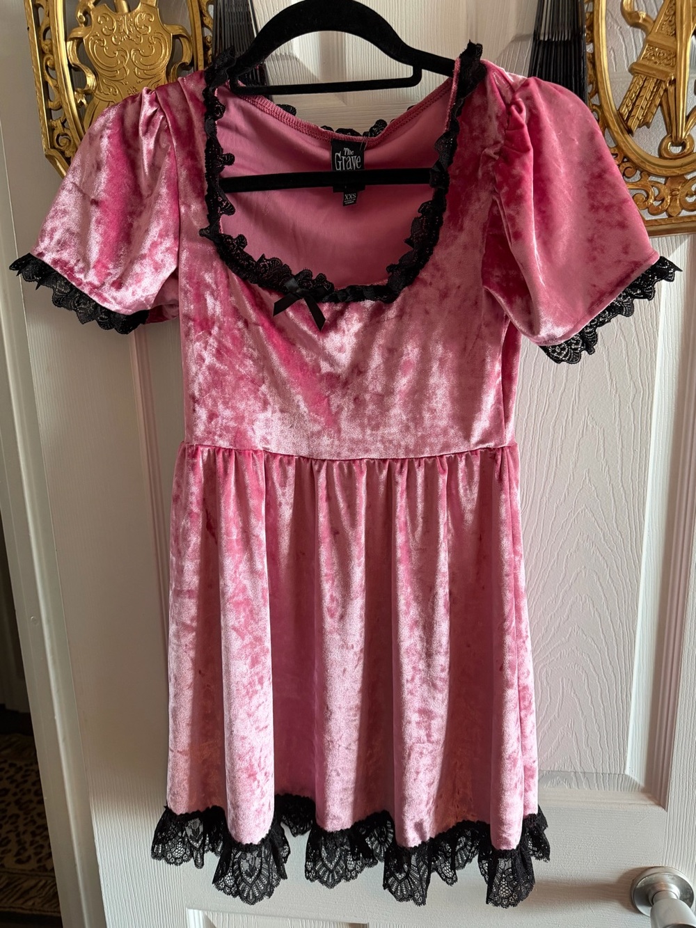 NWT The Grave Girls Pink Velvet Lace-Trim Babydoll Dress XXS